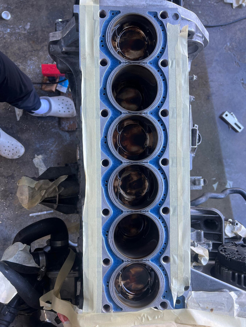 Inline-6 engine block with cured EPOXY54 and drilled coolant passages