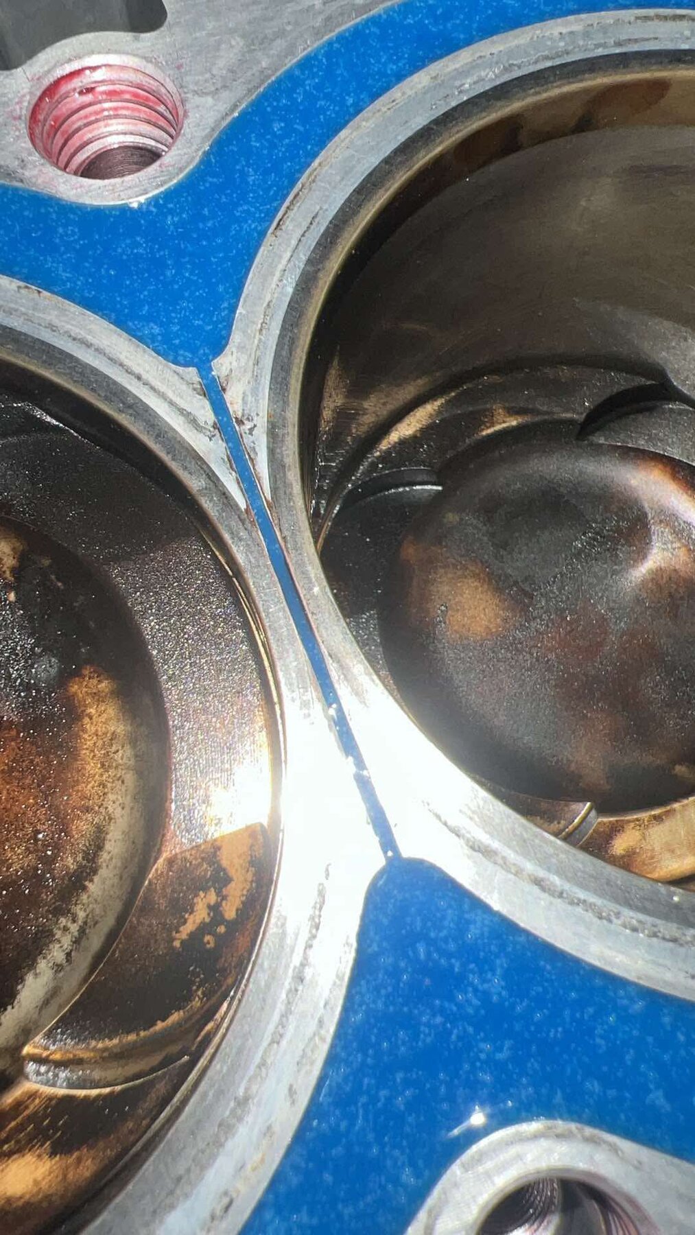 Close-up of EPOXY54 epoxy between cylinder bores